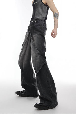 Distressed Denim Patchwork Jeans - Convertible Flare Design - 4inme