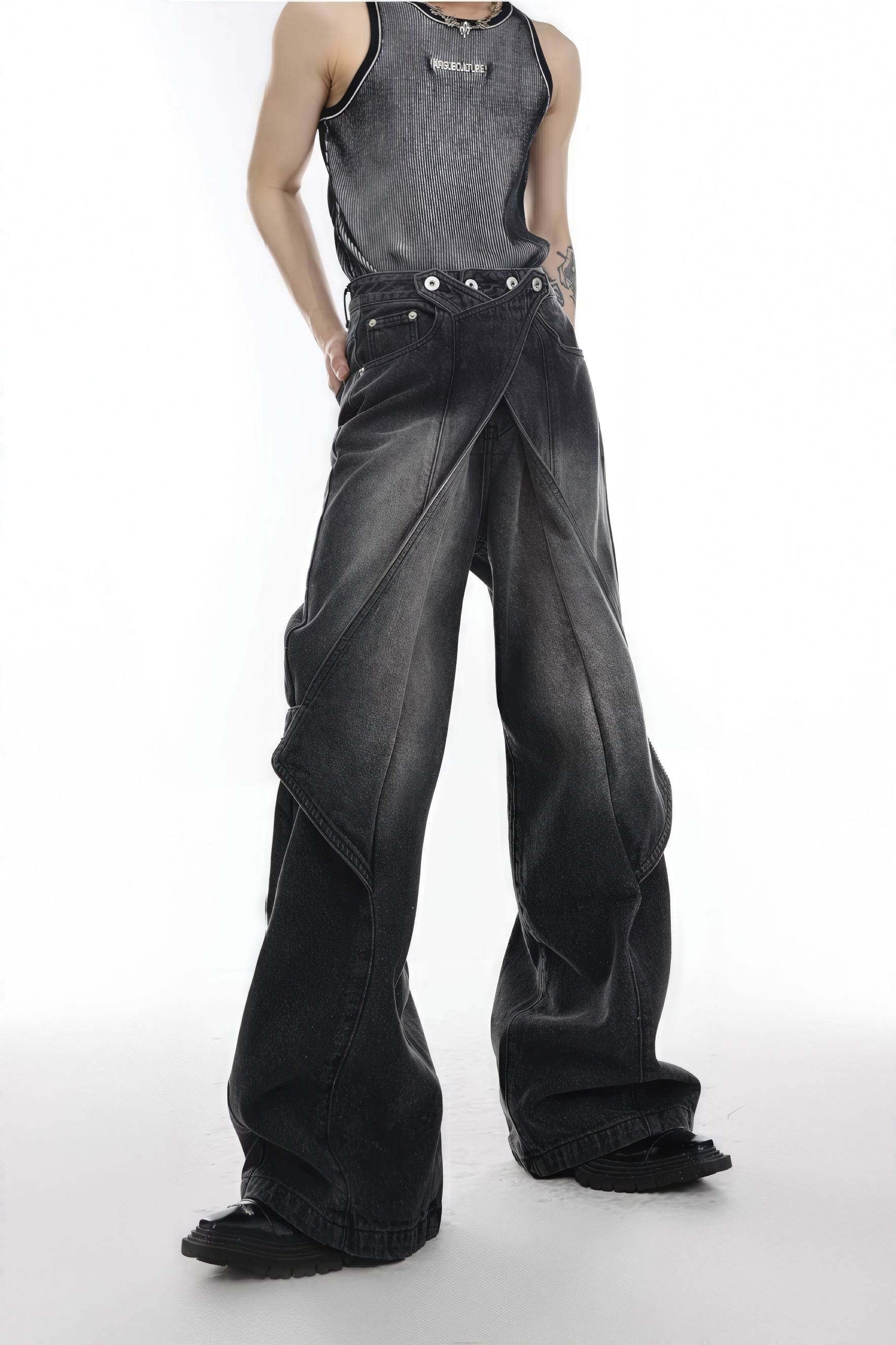 Distressed Denim Patchwork Jeans - Convertible Flare Design - 4inme