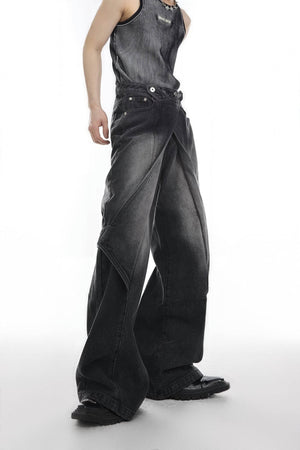 Distressed Denim Patchwork Jeans - Convertible Flare Design - 4inme