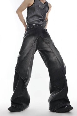Distressed Denim Patchwork Jeans - Convertible Flare Design - 4inme
