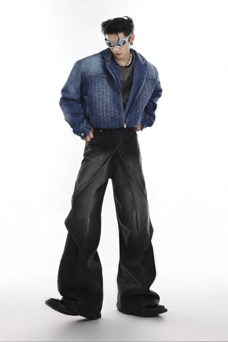 Distressed Denim Patchwork Jeans - Convertible Flare Design - 4inme