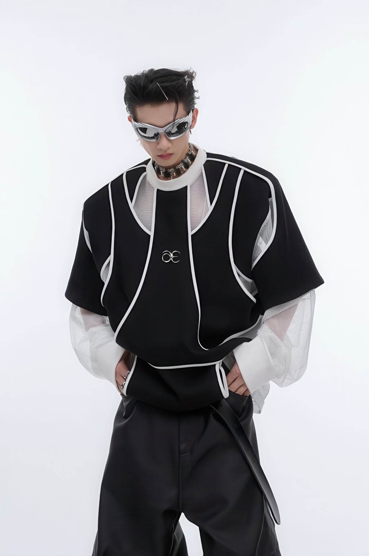 Deconstructed Split Hoodie - Heavyweight Metal Trim with Shoulder Pads - 4inme