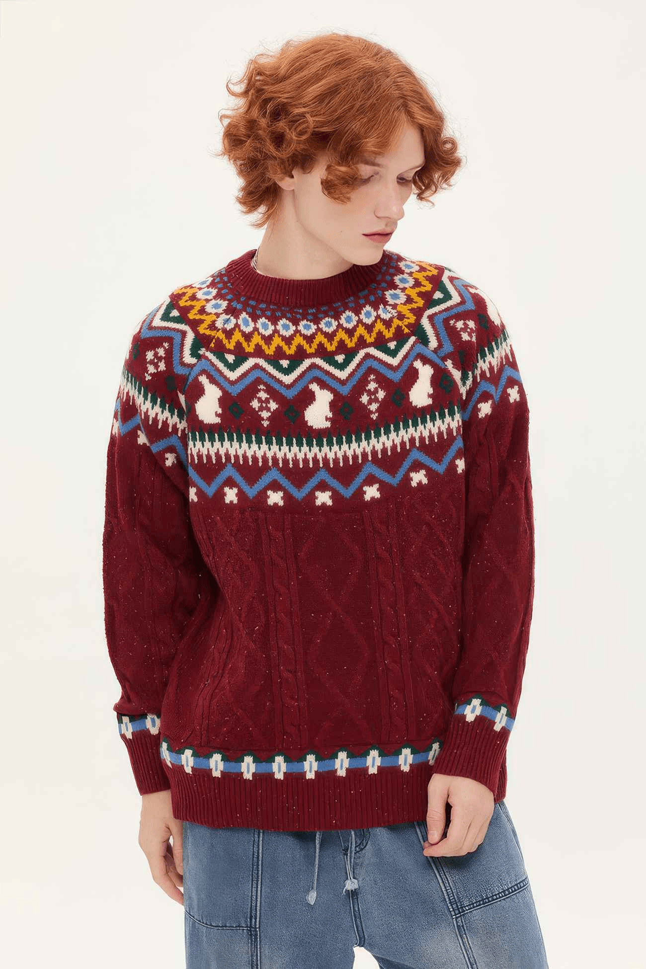 Fair Isle Red Holiday Knit Sweater - Cozy Oversized Pullover for Festive Vibes - 4inme