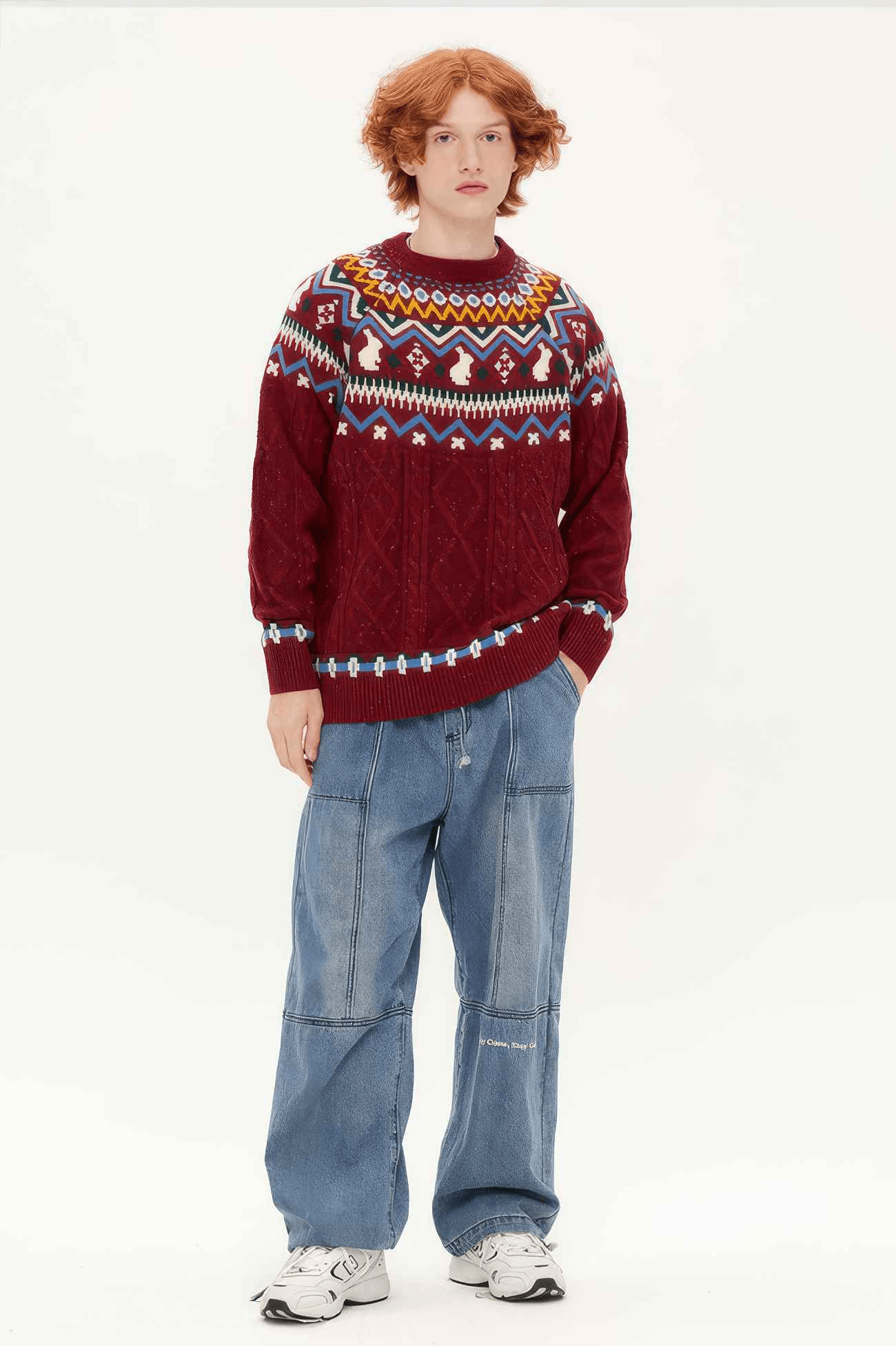 Fair Isle Red Holiday Knit Sweater - Cozy Oversized Pullover for Festive Vibes - 4inme