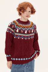 Fair Isle Red Holiday Knit Sweater - Cozy Oversized Pullover for Festive Vibes - 4inme