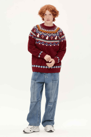Fair Isle Red Holiday Knit Sweater - Cozy Oversized Pullover for Festive Vibes - 4inme