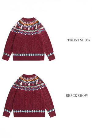 Fair Isle Red Holiday Knit Sweater - Cozy Oversized Pullover for Festive Vibes - 4inme