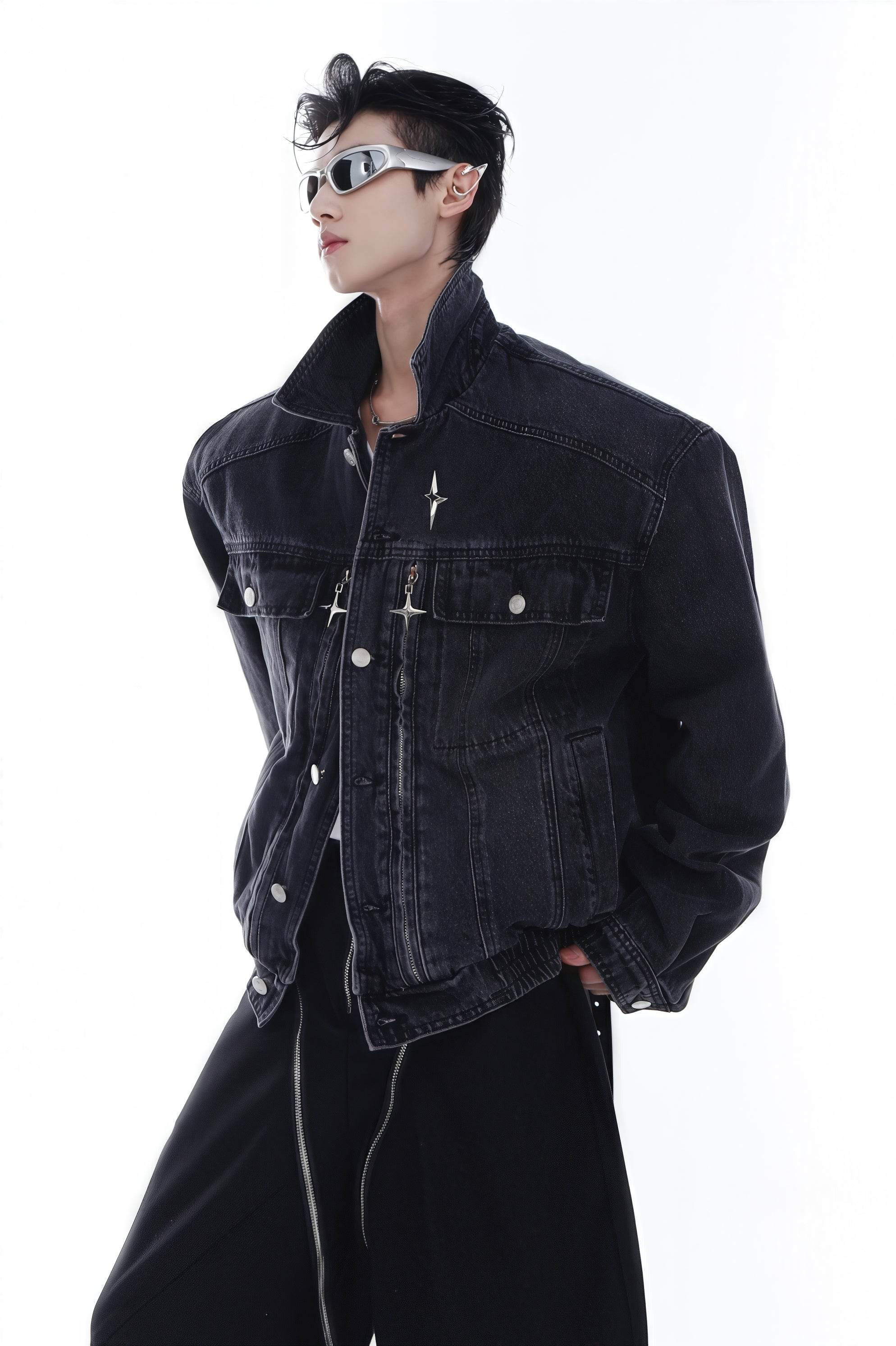 Heavyweight Denim Jacket - Washed Shoulder Pads & Metal Zipper Design - 4inme