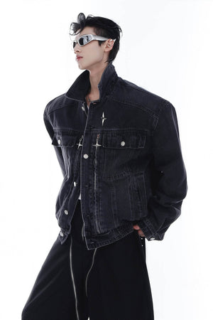 Heavyweight Denim Jacket - Washed Shoulder Pads & Metal Zipper Design - 4inme