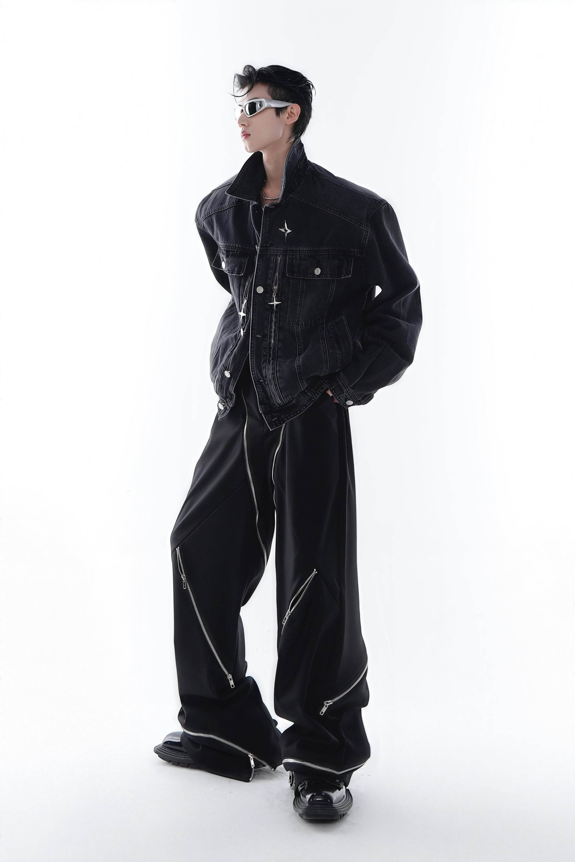 Heavyweight Denim Jacket - Washed Shoulder Pads & Metal Zipper Design - 4inme