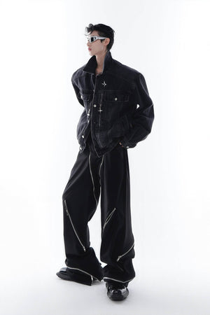 Heavyweight Denim Jacket - Washed Shoulder Pads & Metal Zipper Design - 4inme