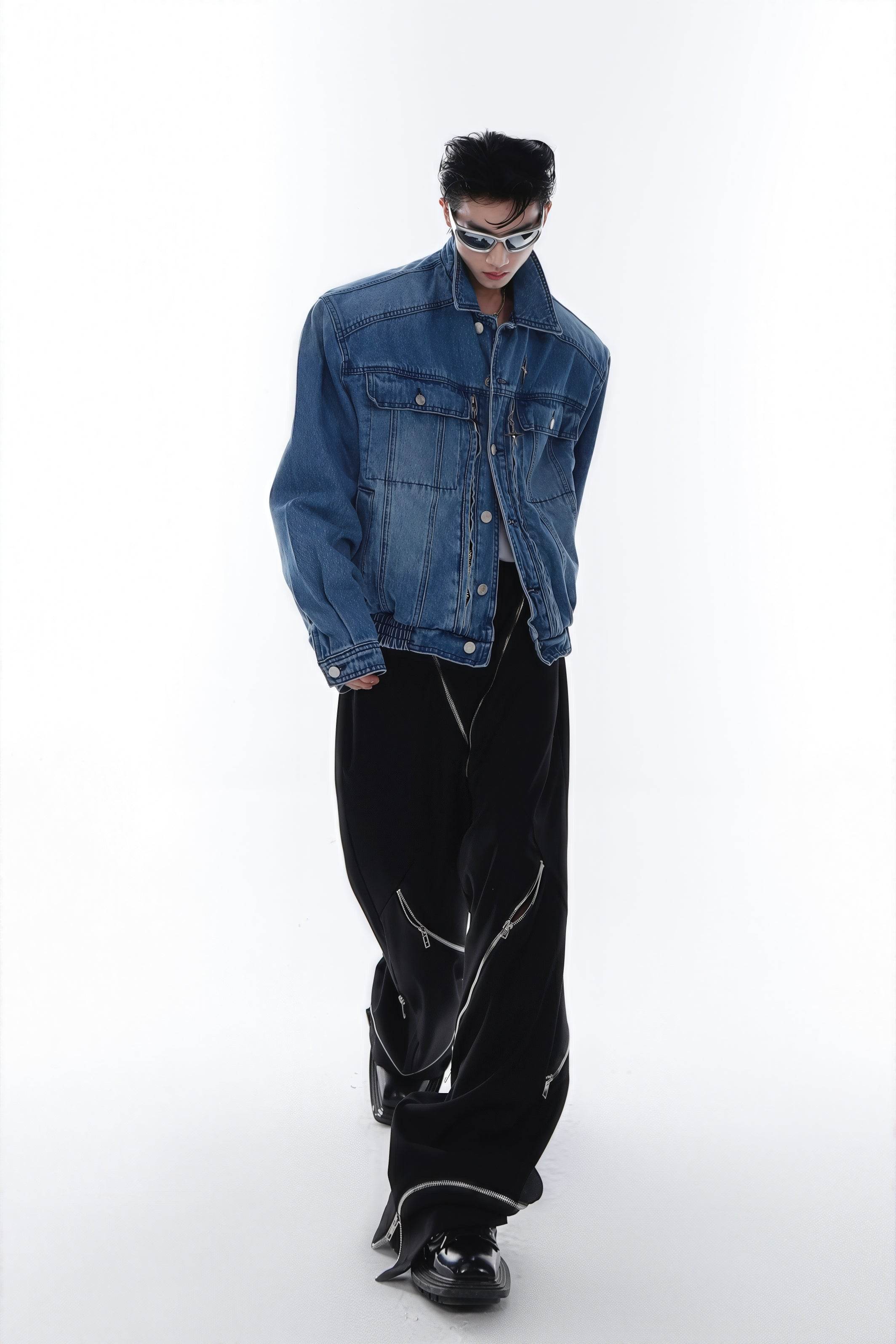 Heavyweight Denim Jacket - Washed Shoulder Pads & Metal Zipper Design - 4inme
