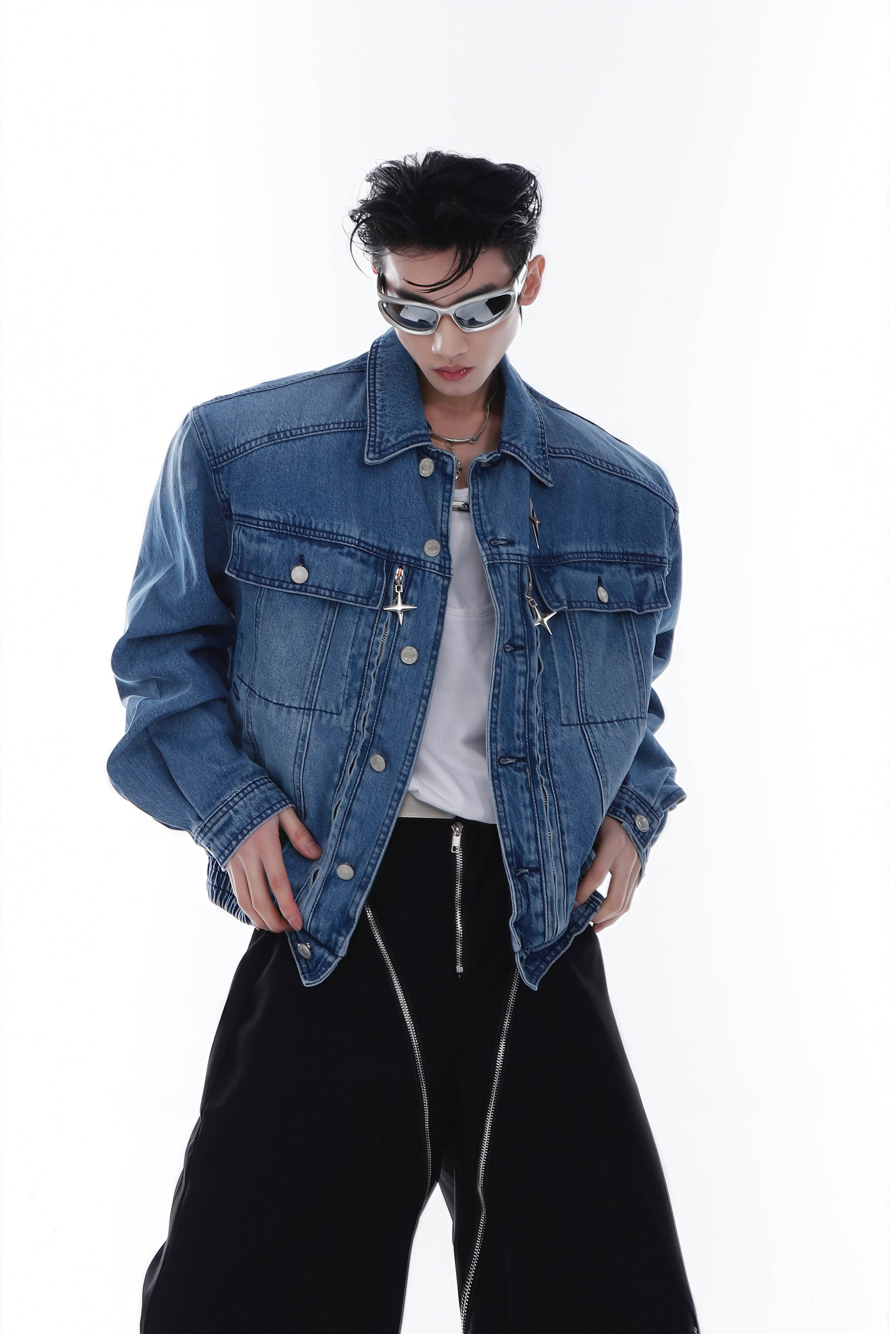 Heavyweight Denim Jacket - Washed Shoulder Pads & Metal Zipper Design - 4inme