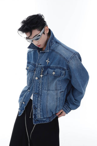 Heavyweight Denim Jacket - Washed Shoulder Pads & Metal Zipper Design - 4inme