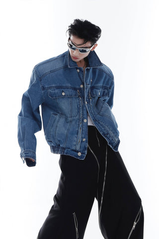 Heavyweight Denim Jacket - Washed Shoulder Pads & Metal Zipper Design - 4inme
