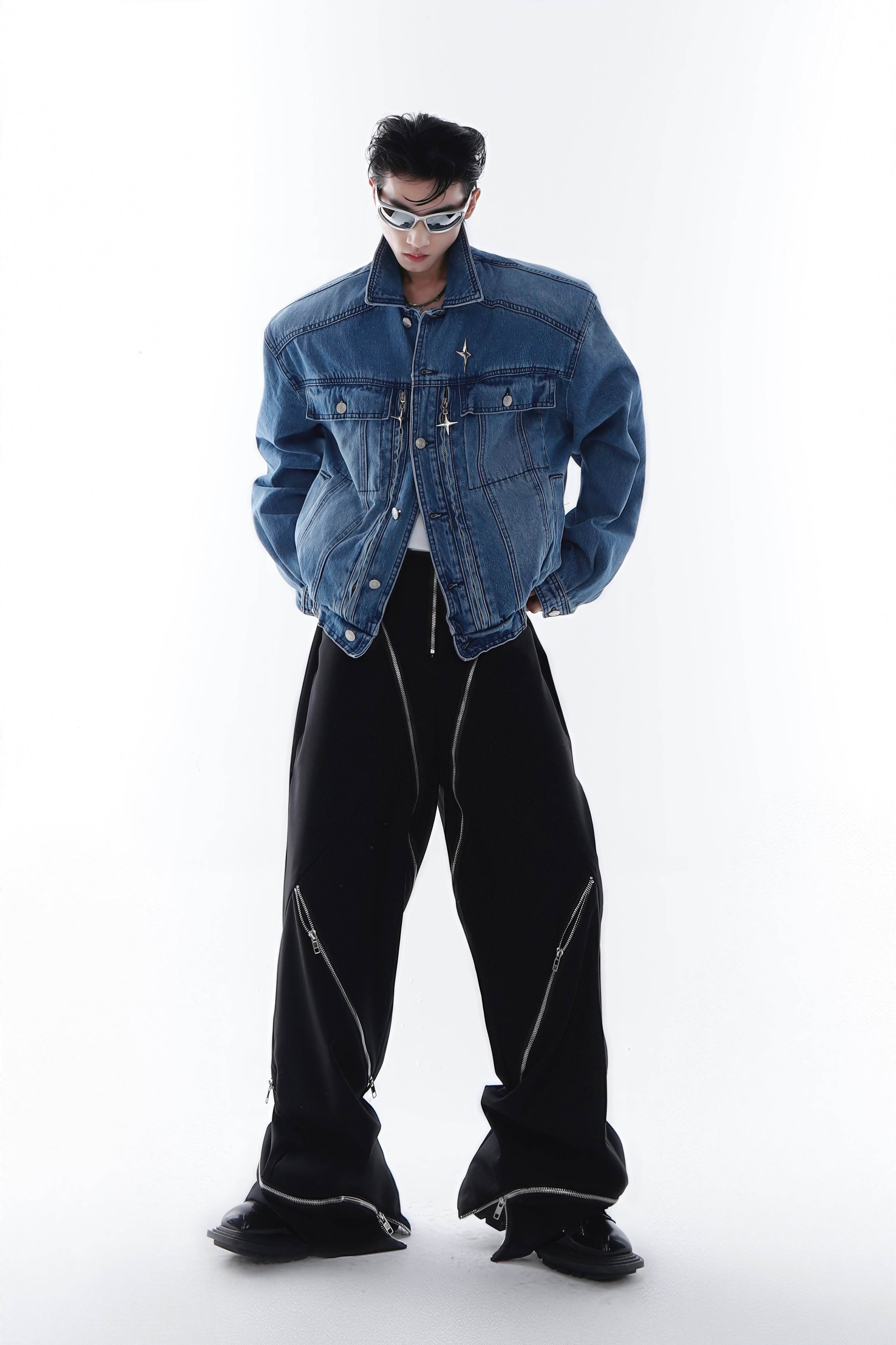 Heavyweight Denim Jacket - Washed Shoulder Pads & Metal Zipper Design - 4inme