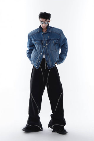 Heavyweight Denim Jacket - Washed Shoulder Pads & Metal Zipper Design - 4inme