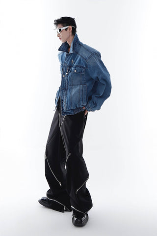 Heavyweight Denim Jacket - Washed Shoulder Pads & Metal Zipper Design - 4inme