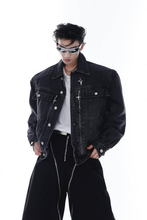 Heavyweight Denim Jacket - Washed Shoulder Pads & Metal Zipper Design - 4inme