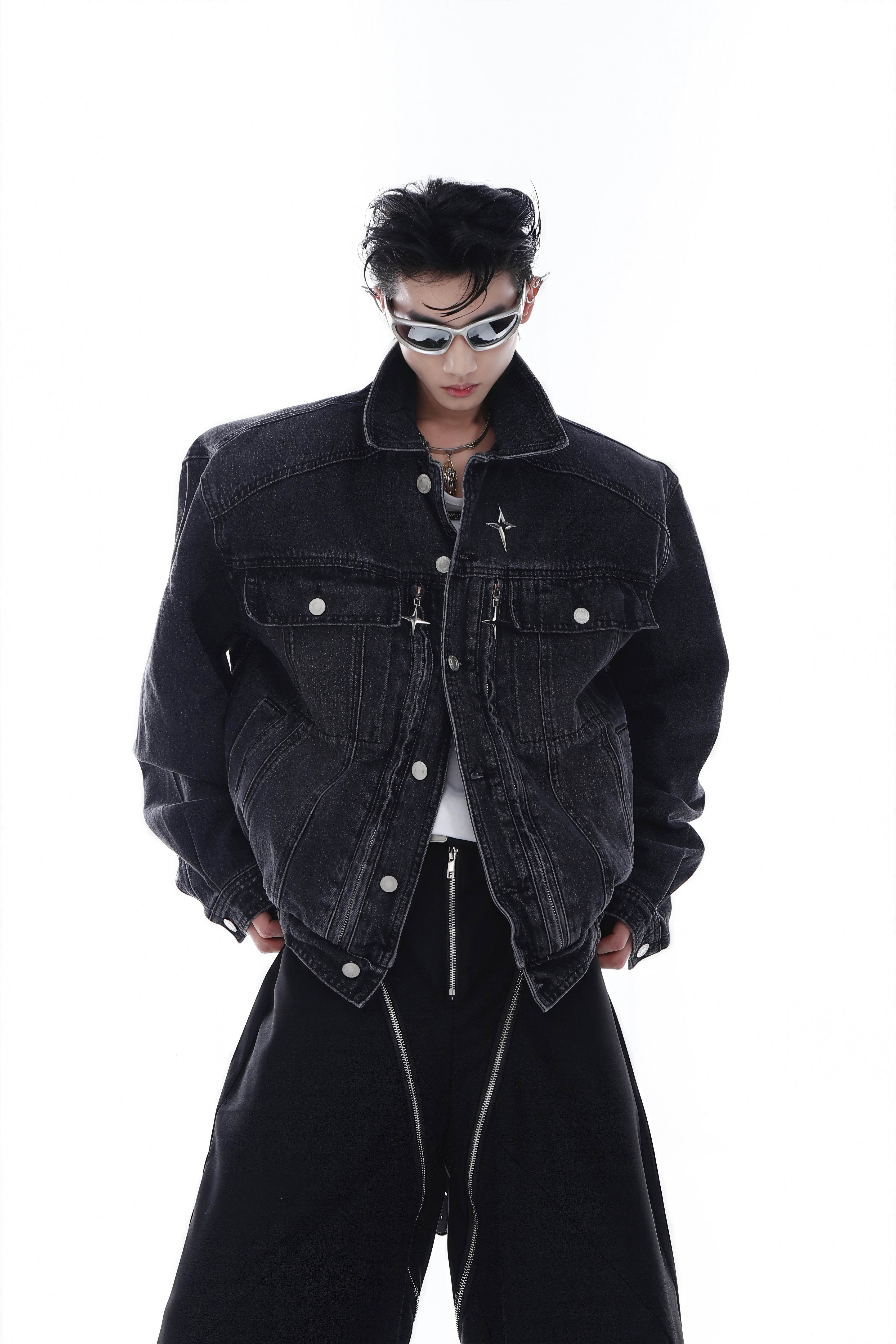 Heavyweight Denim Jacket - Washed Shoulder Pads & Metal Zipper Design - 4inme