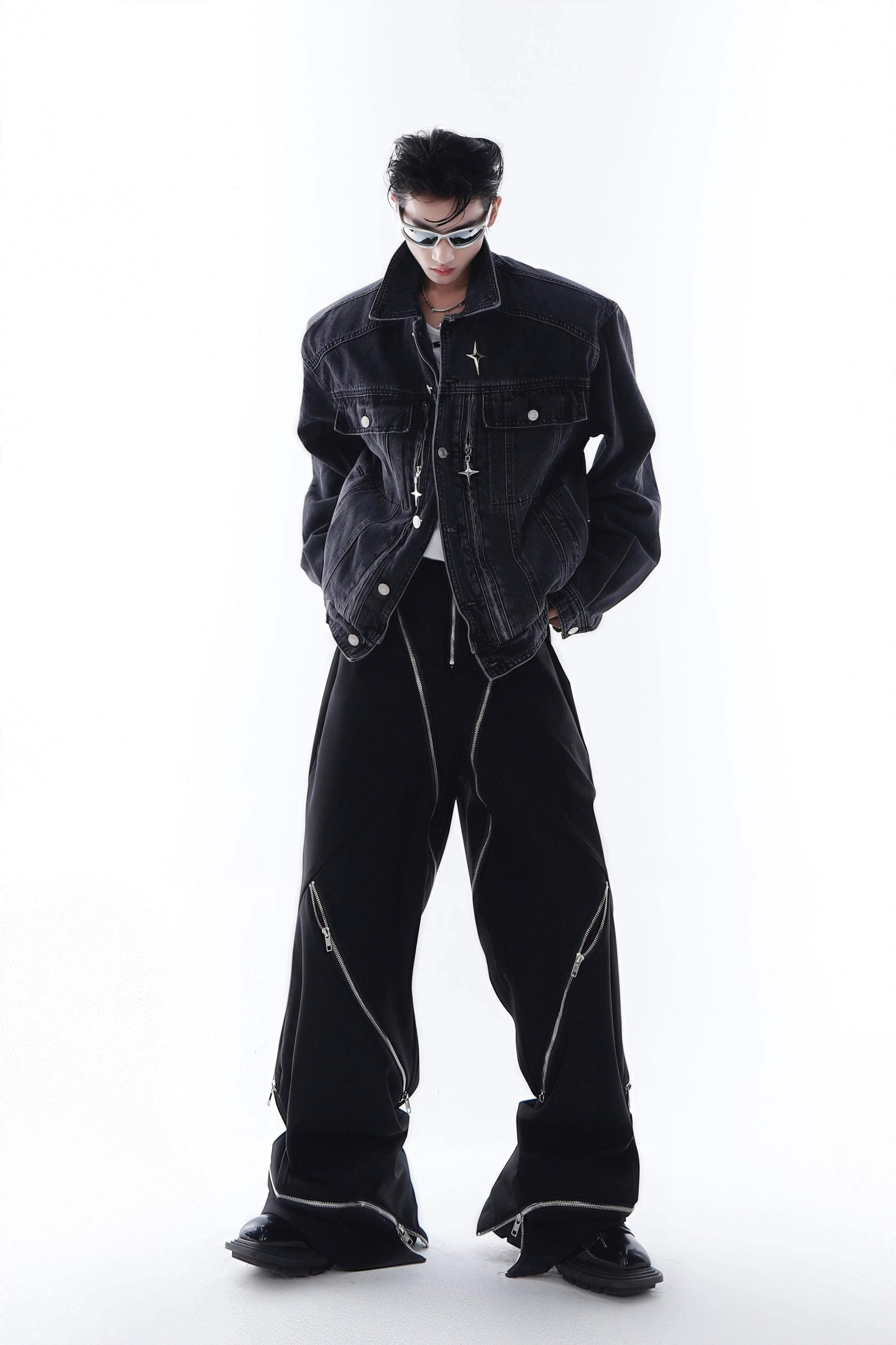 Heavyweight Denim Jacket - Washed Shoulder Pads & Metal Zipper Design - 4inme