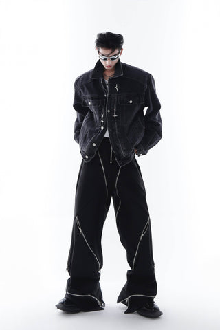 Heavyweight Denim Jacket - Washed Shoulder Pads & Metal Zipper Design - 4inme