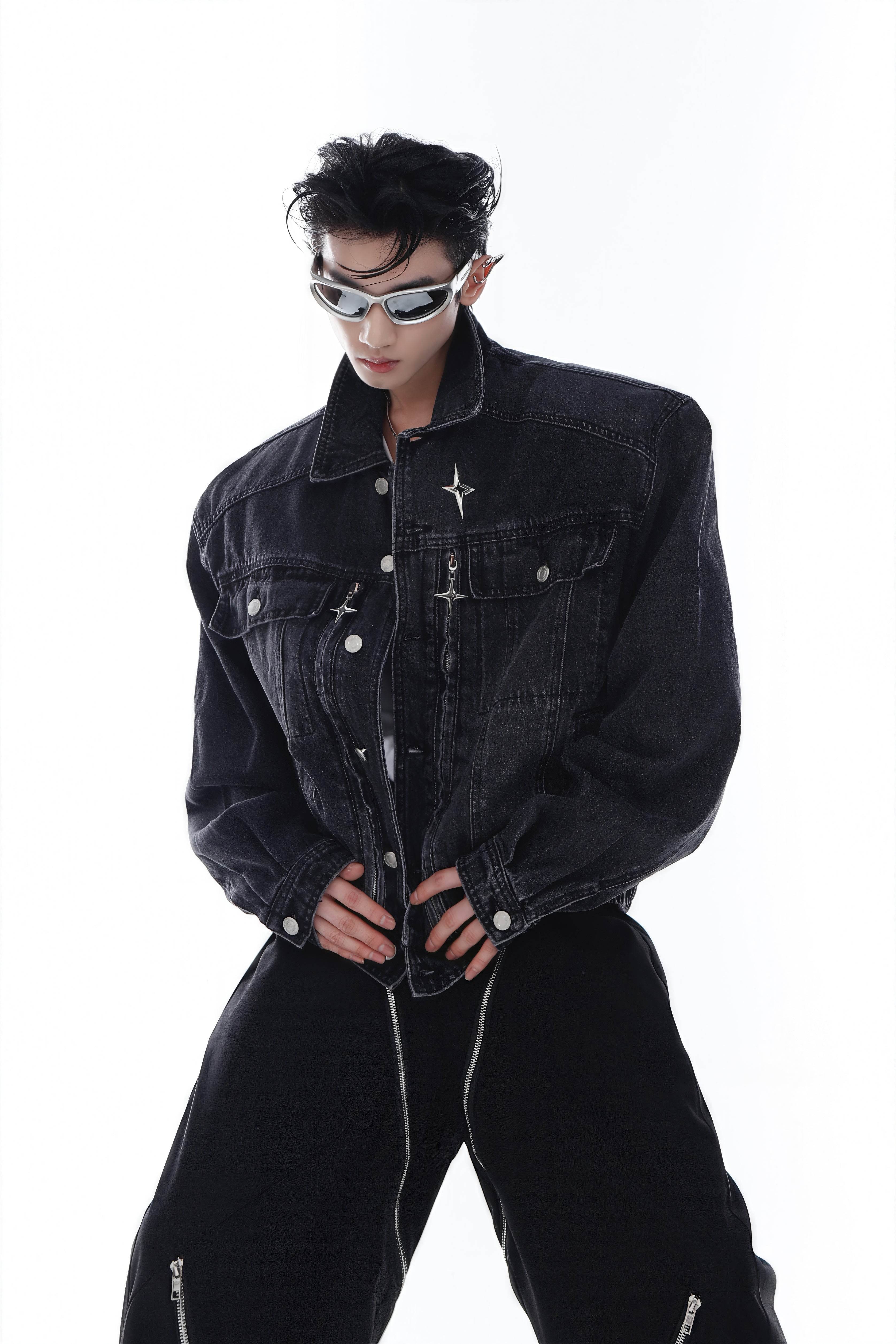 Heavyweight Denim Jacket - Washed Shoulder Pads & Metal Zipper Design - 4inme