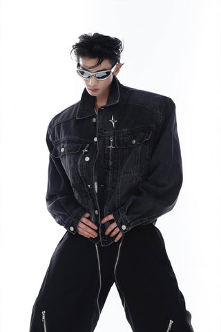 Heavyweight Denim Jacket - Washed Shoulder Pads & Metal Zipper Design - 4inme