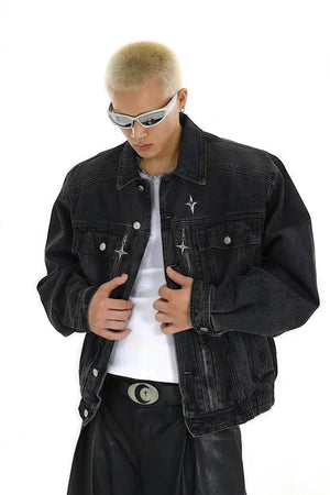 Heavyweight Denim Jacket - Washed Shoulder Pads & Metal Zipper Design - 4inme