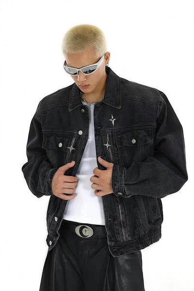Heavyweight Denim Jacket - Washed Shoulder Pads & Metal Zipper Design - 4inme