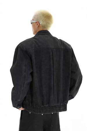 Heavyweight Denim Jacket - Washed Shoulder Pads & Metal Zipper Design - 4inme