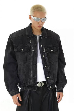 Heavyweight Denim Jacket - Washed Shoulder Pads & Metal Zipper Design - 4inme