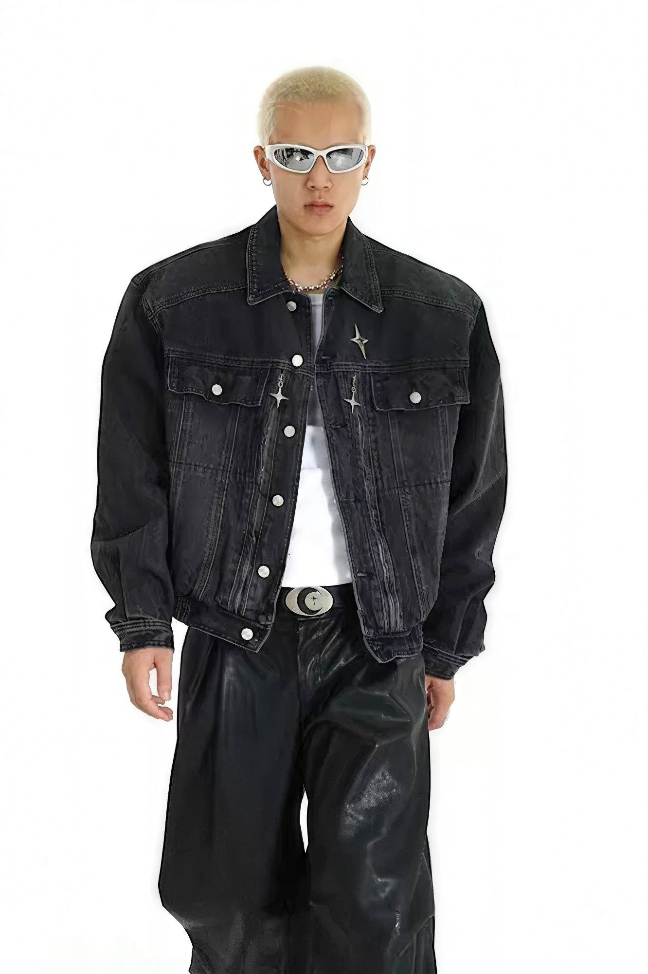 Heavyweight Denim Jacket - Washed Shoulder Pads & Metal Zipper Design - 4inme
