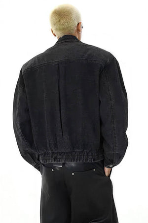 Heavyweight Denim Jacket - Washed Shoulder Pads & Metal Zipper Design - 4inme