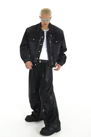 Heavyweight Denim Jacket - Washed Shoulder Pads & Metal Zipper Design - 4inme