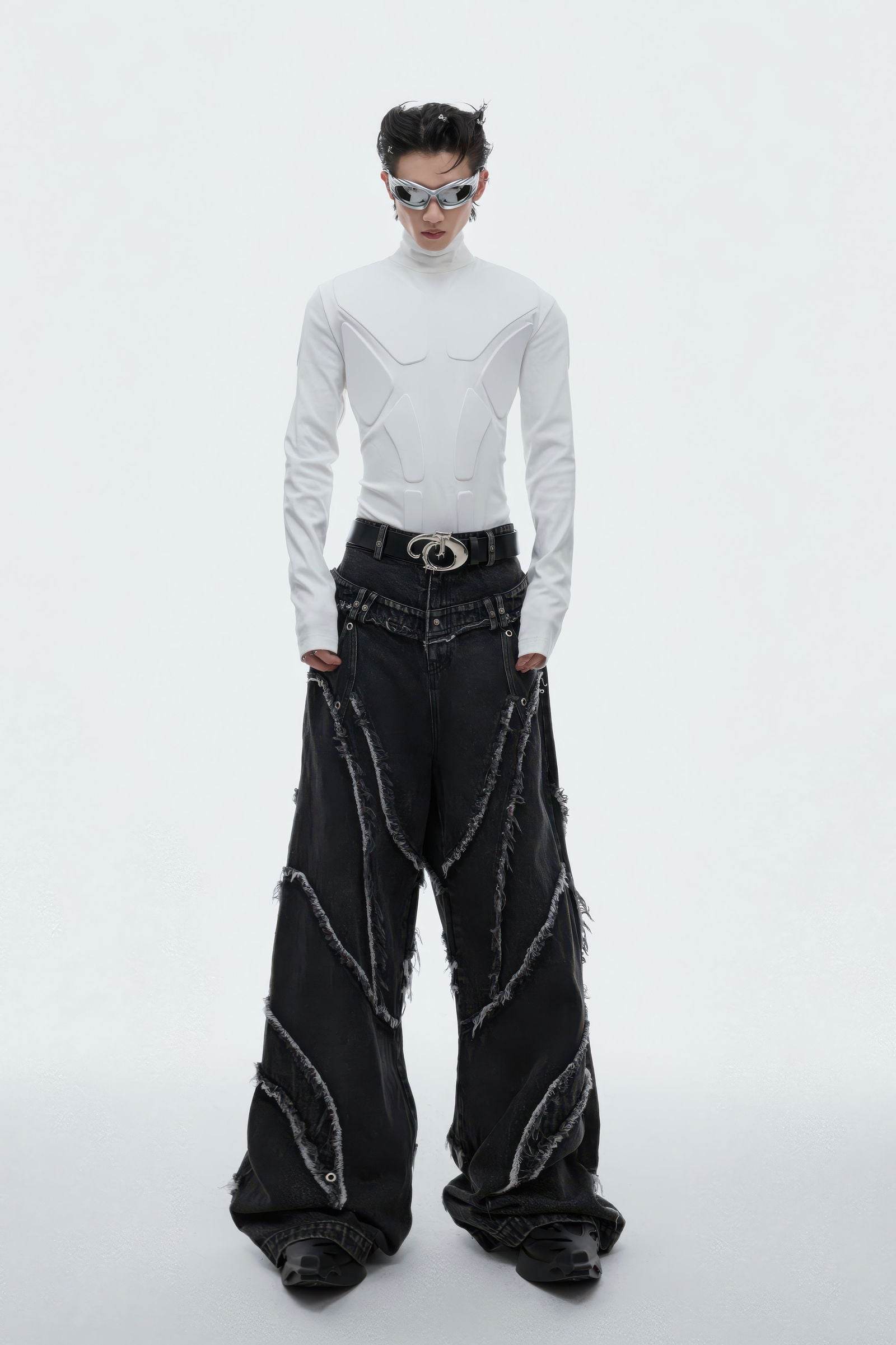 Heavy-Duty Armor-Inspired Black High Neck Long Sleeve Top - Slim Fit & Versatile - 4inme