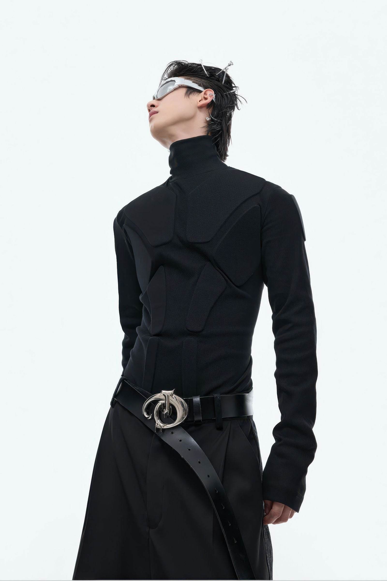 Heavy-Duty Armor-Inspired Black High Neck Long Sleeve Top - Slim Fit & Versatile - 4inme