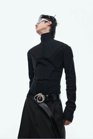 Heavy-Duty Armor-Inspired Black High Neck Long Sleeve Top - Slim Fit & Versatile - 4inme