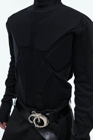 Heavy-Duty Armor-Inspired Black High Neck Long Sleeve Top - Slim Fit & Versatile - 4inme