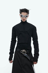 Heavy-Duty Armor-Inspired Black High Neck Long Sleeve Top - Slim Fit & Versatile - 4inme