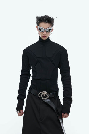 Heavy-Duty Armor-Inspired Black High Neck Long Sleeve Top - Slim Fit & Versatile - 4inme