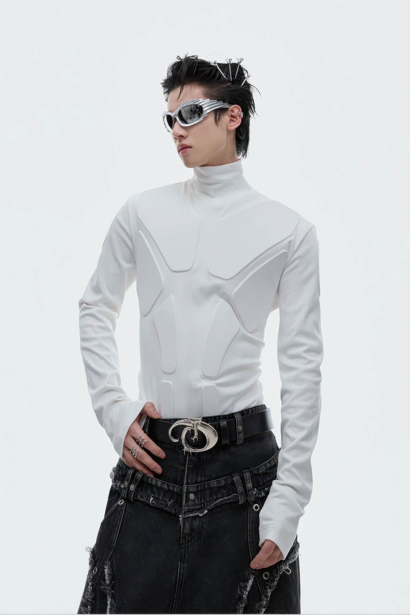 Heavy-Duty Armor-Inspired Black High Neck Long Sleeve Top - Slim Fit & Versatile - 4inme