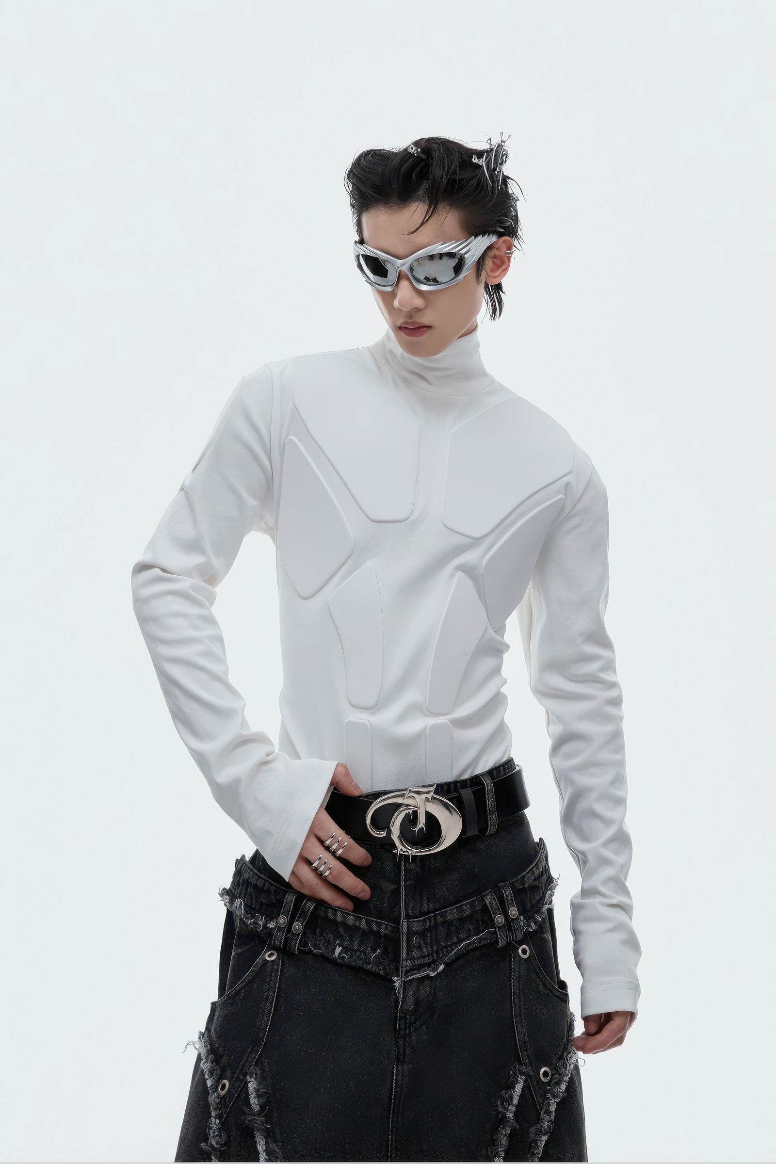 Heavy-Duty Armor-Inspired Black High Neck Long Sleeve Top - Slim Fit & Versatile - 4inme