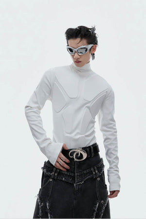 Heavy-Duty Armor-Inspired Black High Neck Long Sleeve Top - Slim Fit & Versatile - 4inme