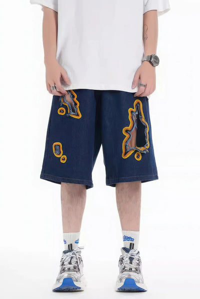 Flame Burnout Distressed Denim Shorts – Bold, Streetwear-Inspired Design - 4inme