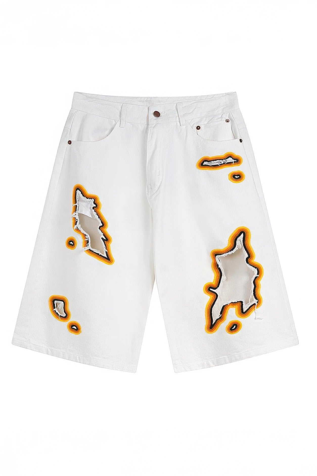 Flame Burnout Distressed Denim Shorts – Bold, Streetwear-Inspired Design - 4inme