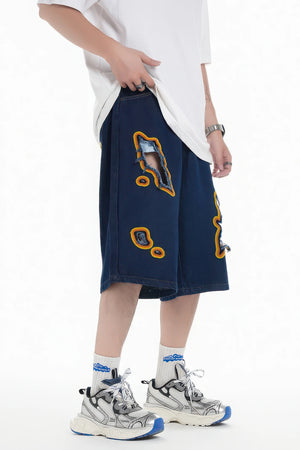 Flame Burnout Distressed Denim Shorts – Bold, Streetwear-Inspired Design - 4inme