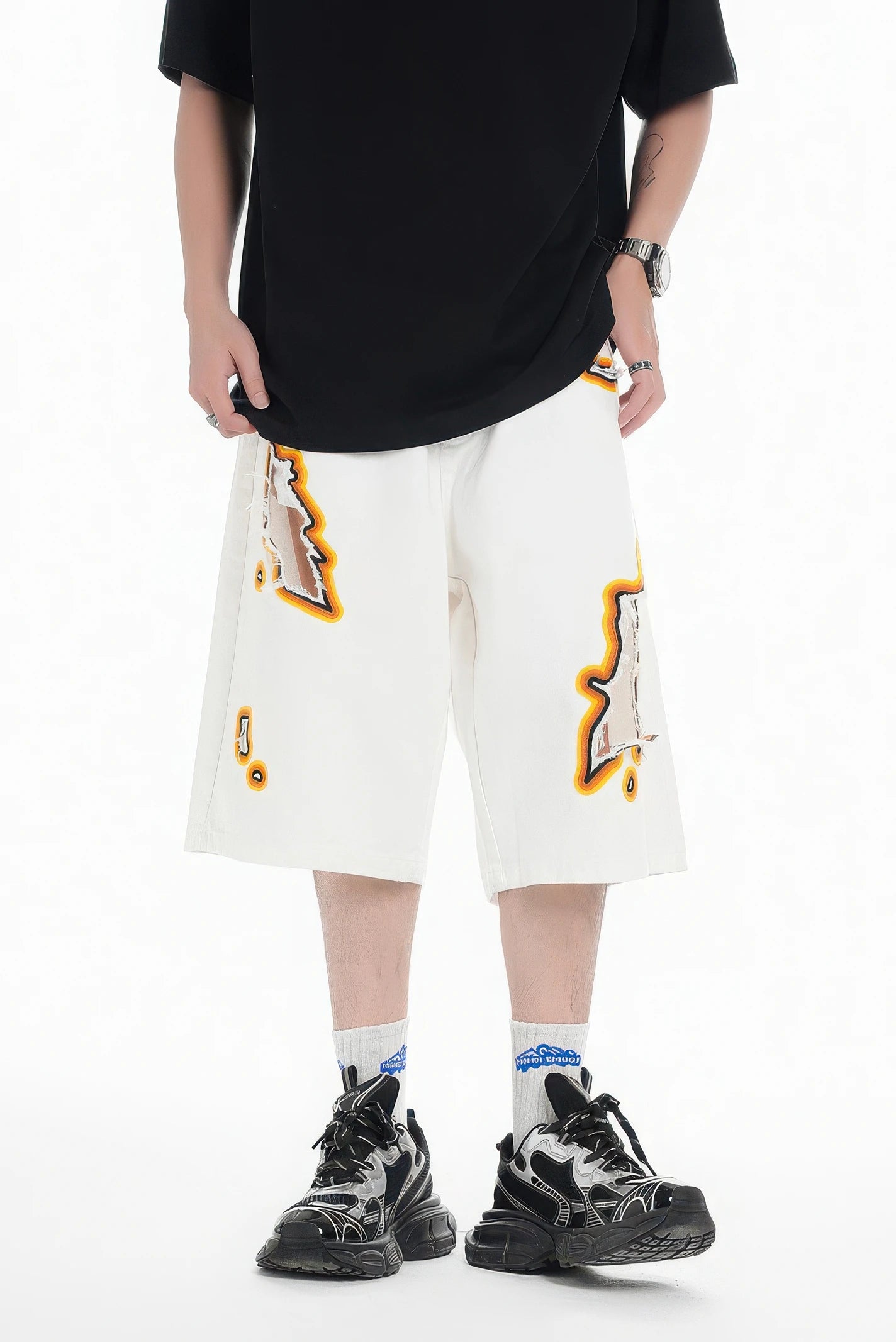 Flame Burnout Distressed Denim Shorts – Bold, Streetwear-Inspired Design - 4inme