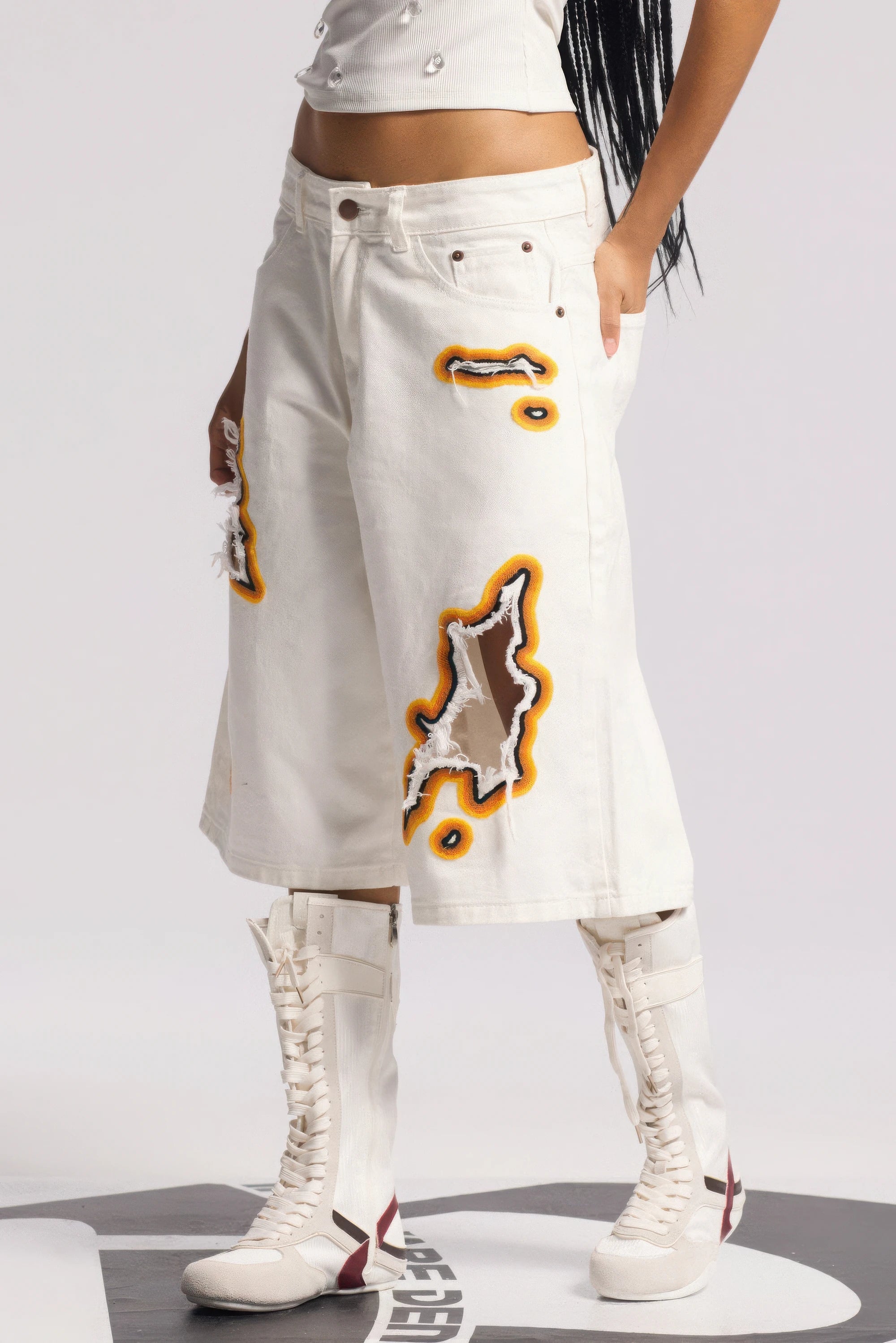 Flame Burnout Distressed Denim Shorts – Bold, Streetwear-Inspired Design - 4inme