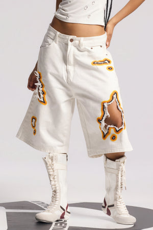 Flame Burnout Distressed Denim Shorts – Bold, Streetwear-Inspired Design - 4inme